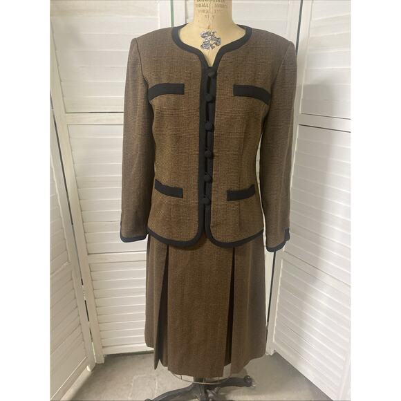 Vtg 90s 2 Piece LESLIE FAY Brown & Black Trim Jacket Skirt Suit Set Sz 8 Medium - Picture 1 of 11
